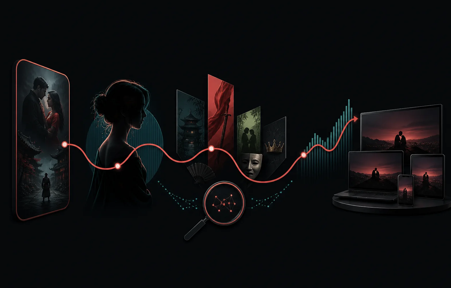 A red trace connects a short-drama scene, a performer, story themes, audience momentum, and viewing devices