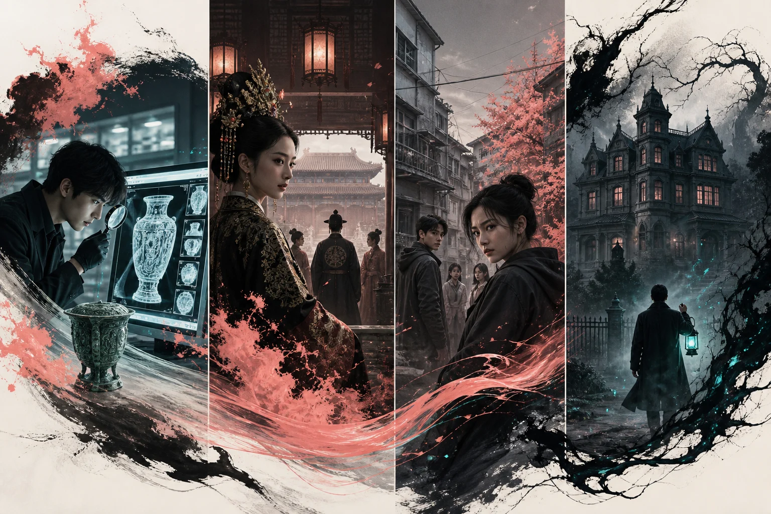 A text-free collage of AI vertical short dramas spanning cultivation fantasy, mecha, romance, family drama, and mythical adventure