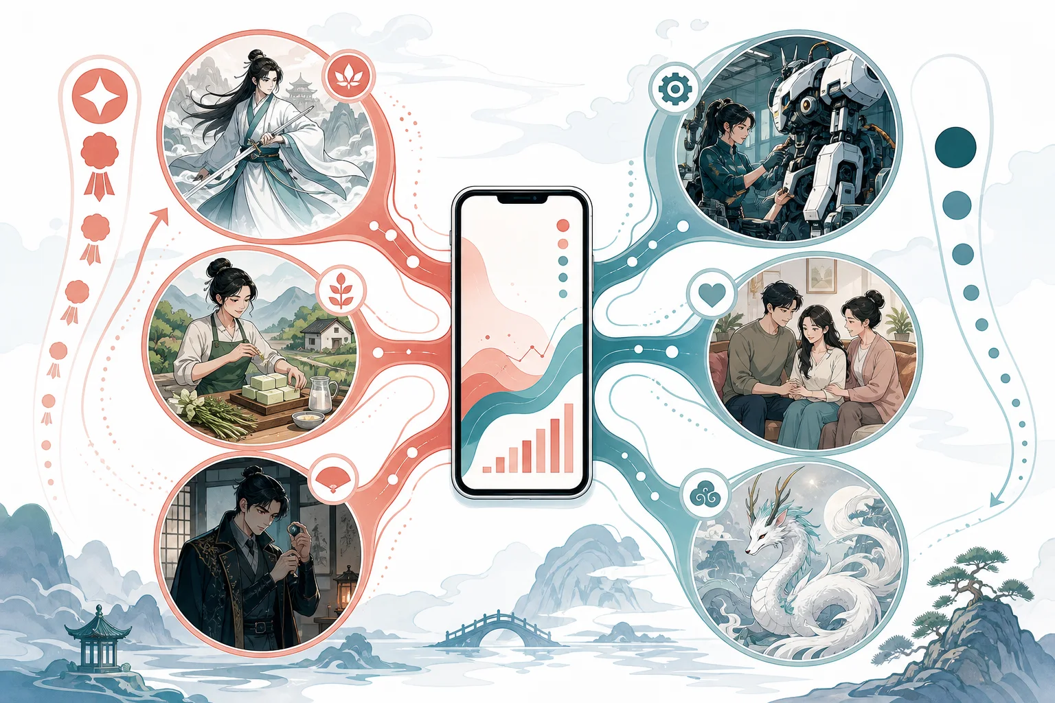 A cinematic collage of Chinese AI short-drama genres