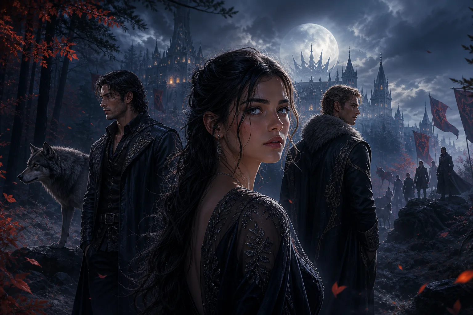 A text-free fantasy collage of moonlit wolf packs, an alpha queen, rival mates, and a vampire-werewolf triangle