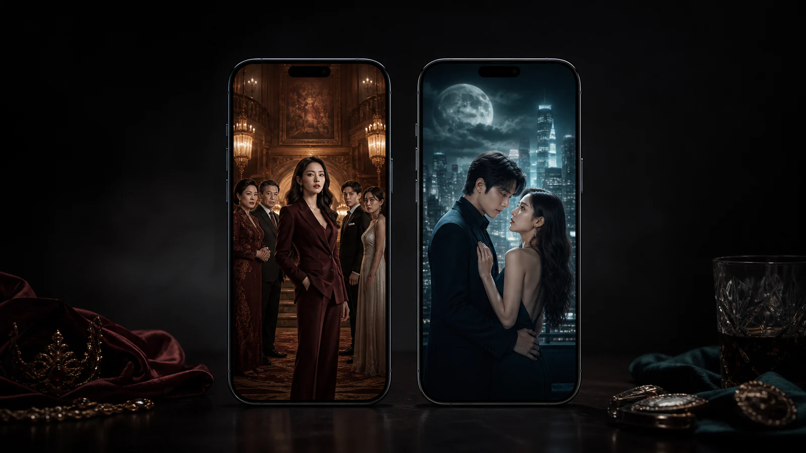 Two equally prominent phones presenting different cinematic vertical-drama catalogs