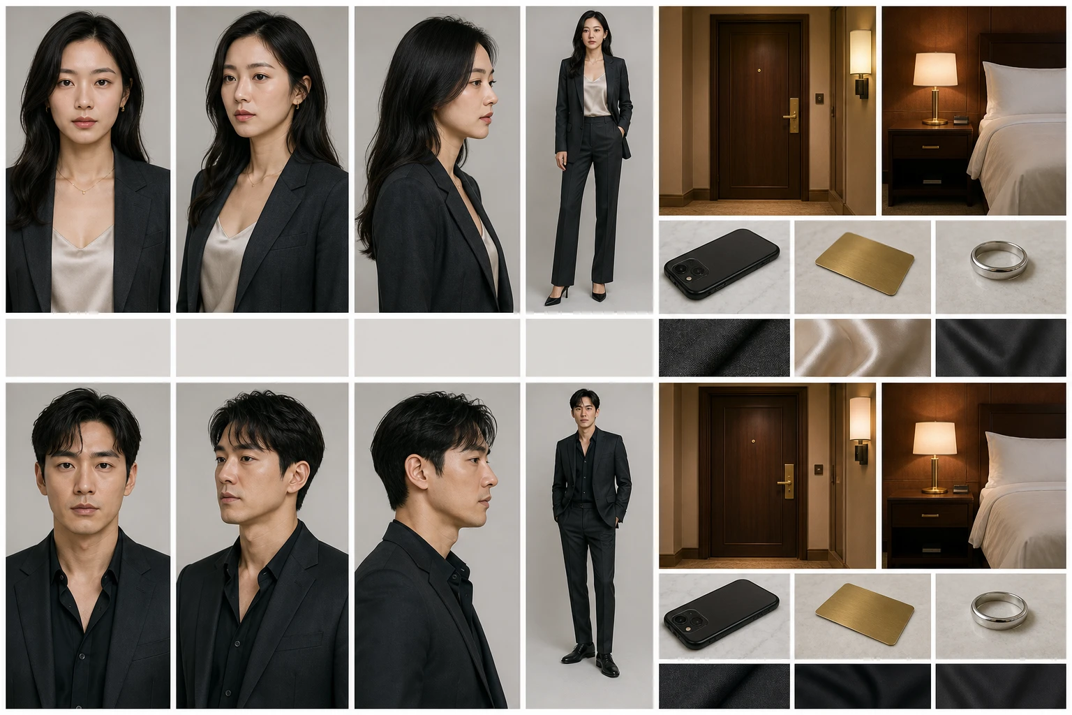 An original production continuity board for two fictional adult characters, showing fixed faces, profiles, full-body wardrobe, hotel set, phone, key card, ring, and fabric references