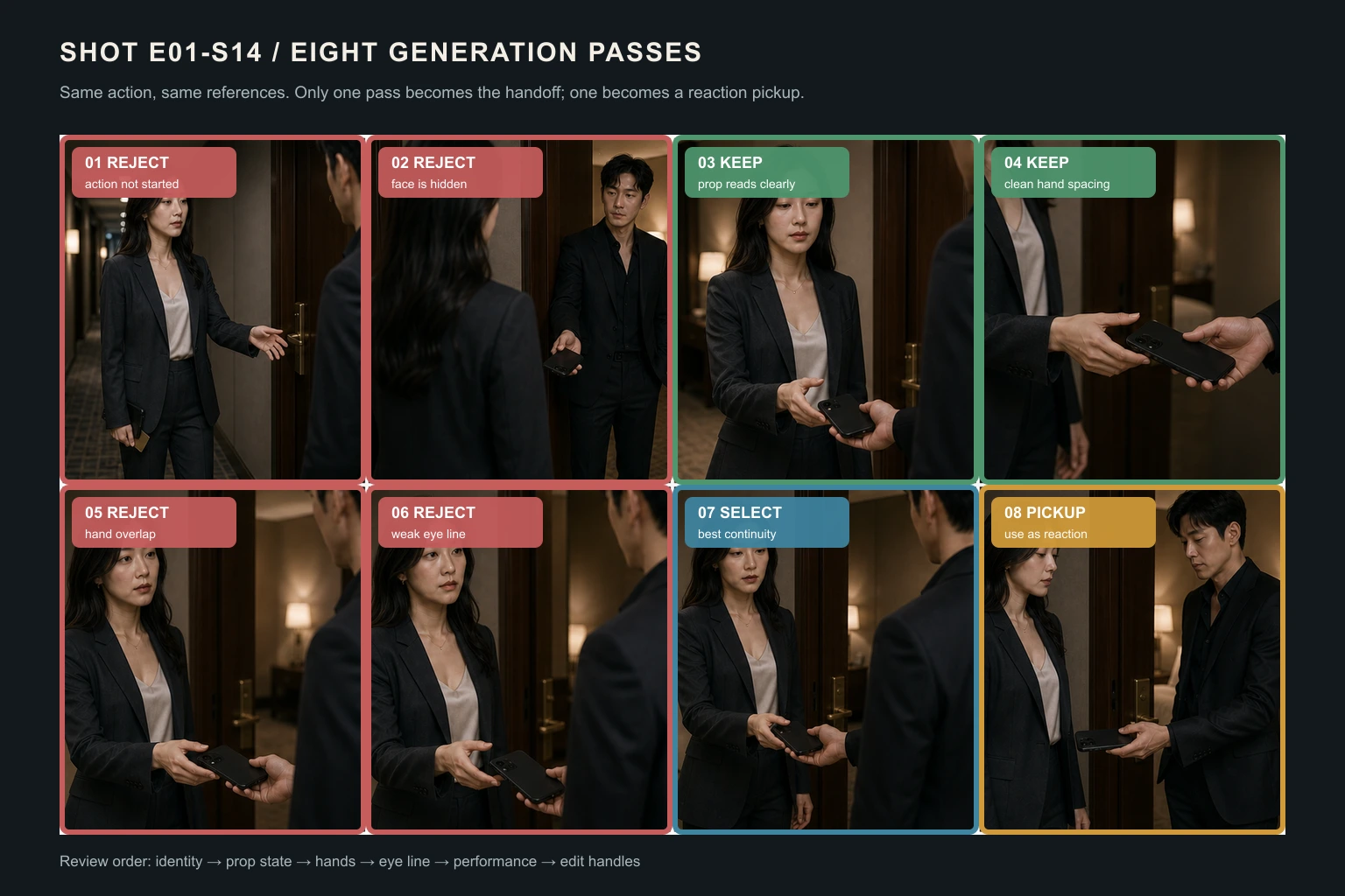 A hands-on review board comparing eight generation candidates for the same phone handoff and marking rejected, kept, selected, and pickup frames
