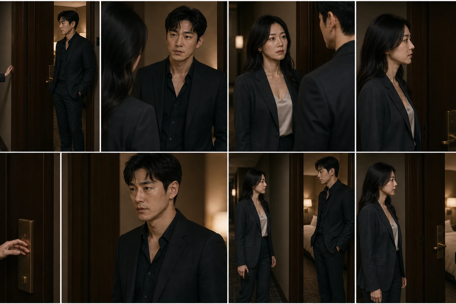 Eight original production frames breaking a consensual near-kiss between two fictional adults into wide blocking, reactions, hand inserts, profile coverage, and an exit frame