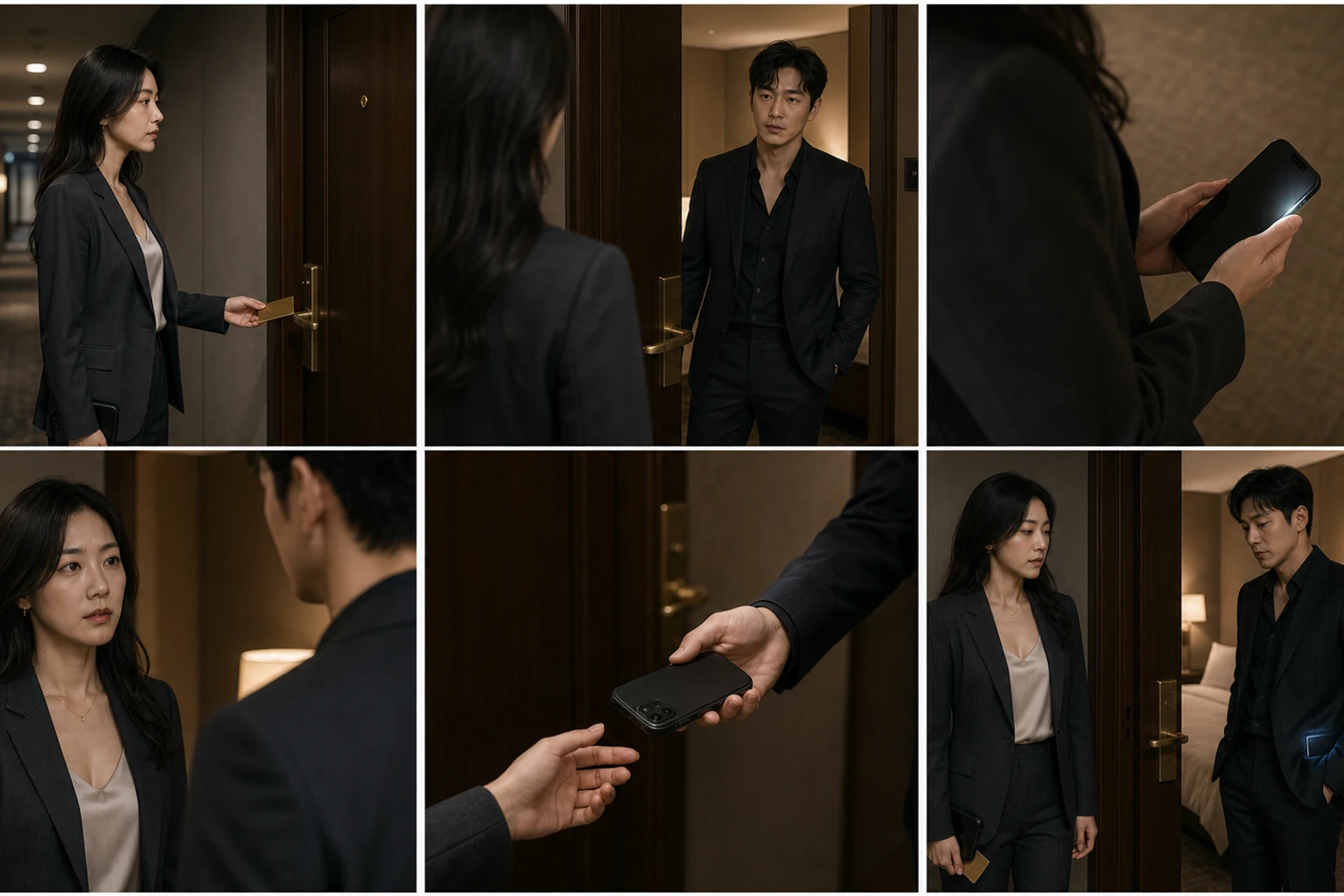 Six original vertical keyframes showing the same fictional adult characters moving through a hotel-door phone reveal, handoff, reaction, and cliffhanger
