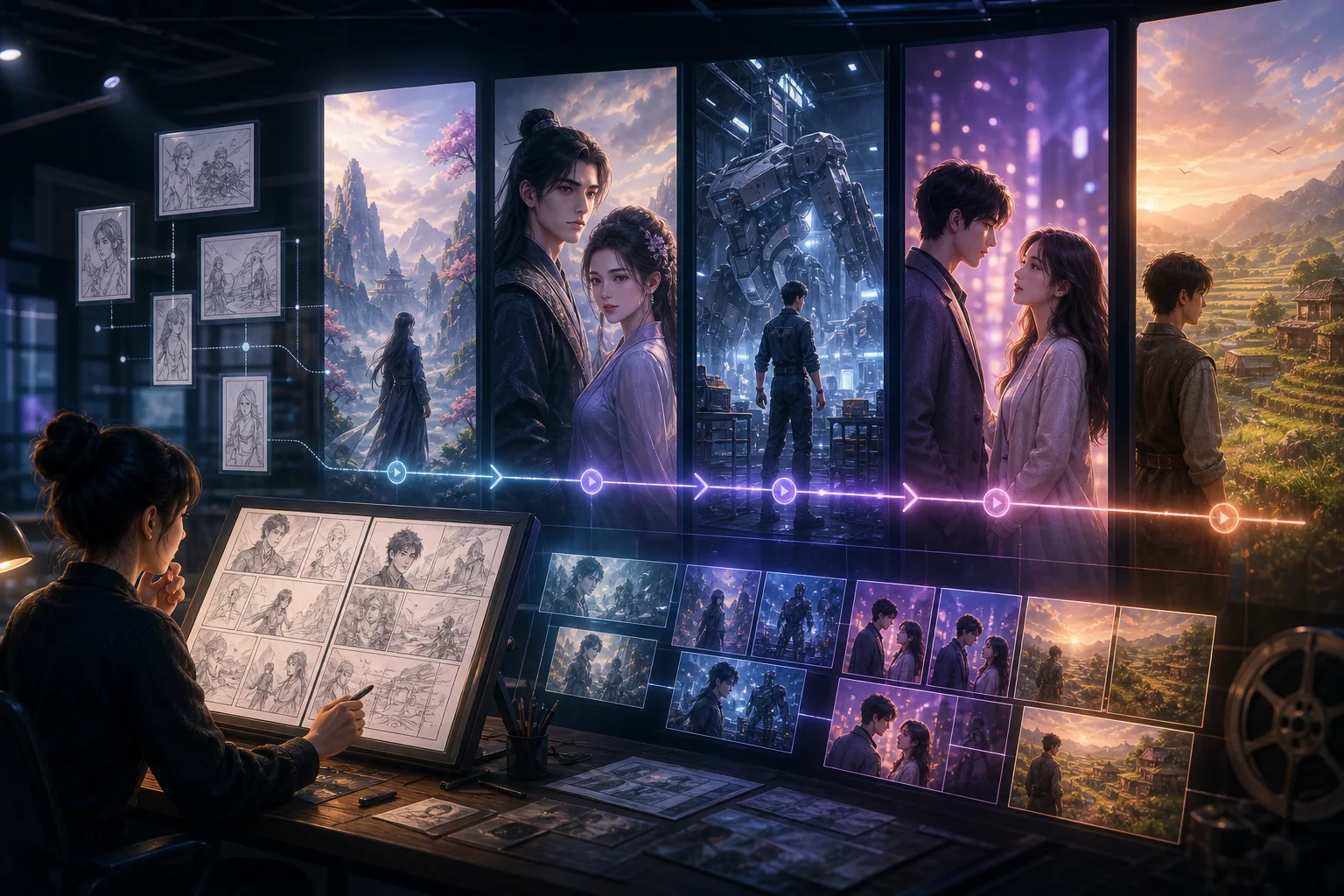 A story editor guides recurring characters through vertical fantasy, science-fiction, romance, and rural AI short-drama scenes