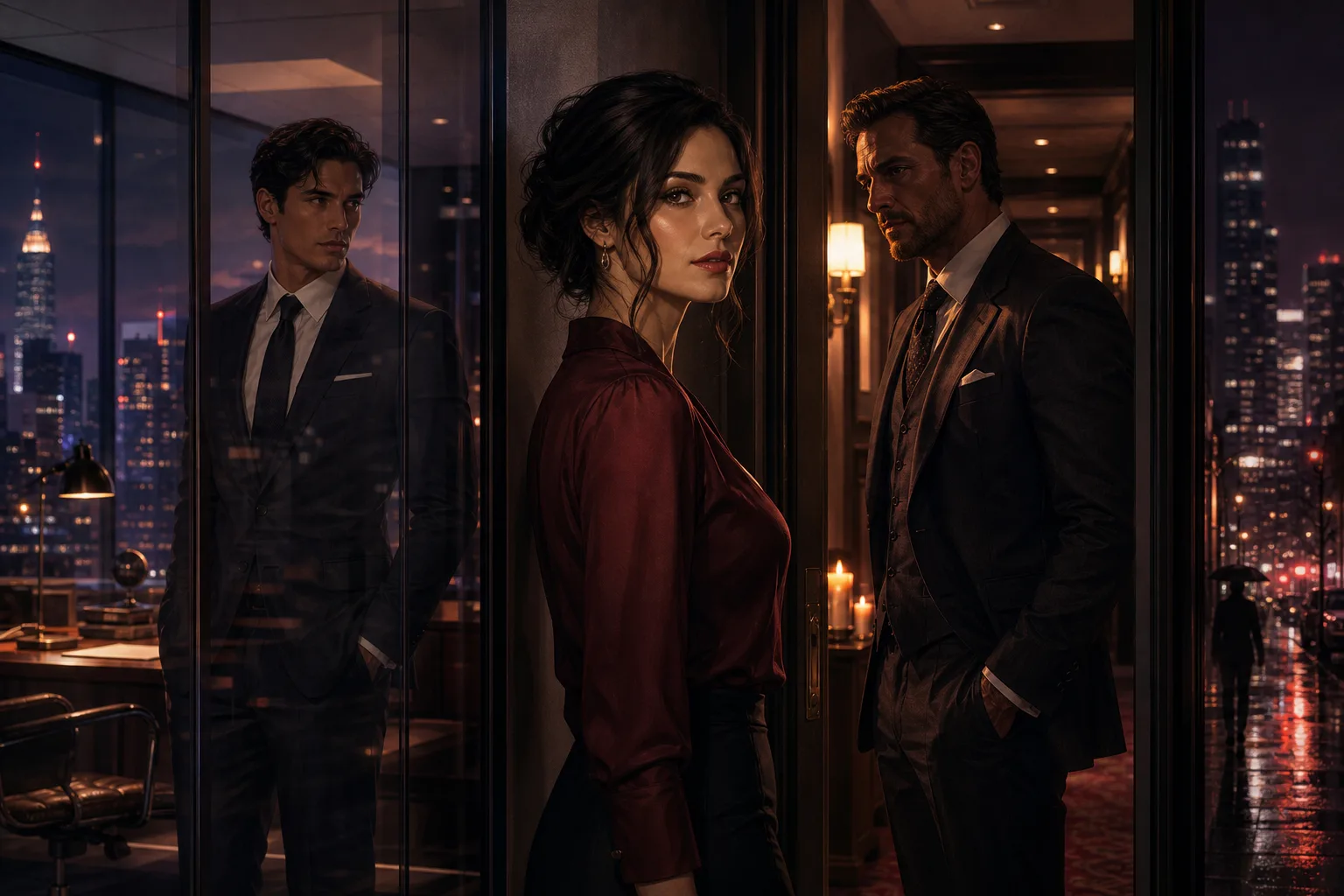 A fictional adult woman between a glass office and a hotel corridor, with two suited men watching from a distance