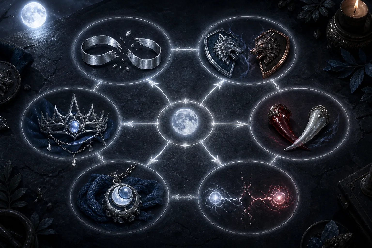 A moonlit map matching werewolf short dramas to rejected mates, rival packs, alpha queens, vampire triangles, and dark bonds